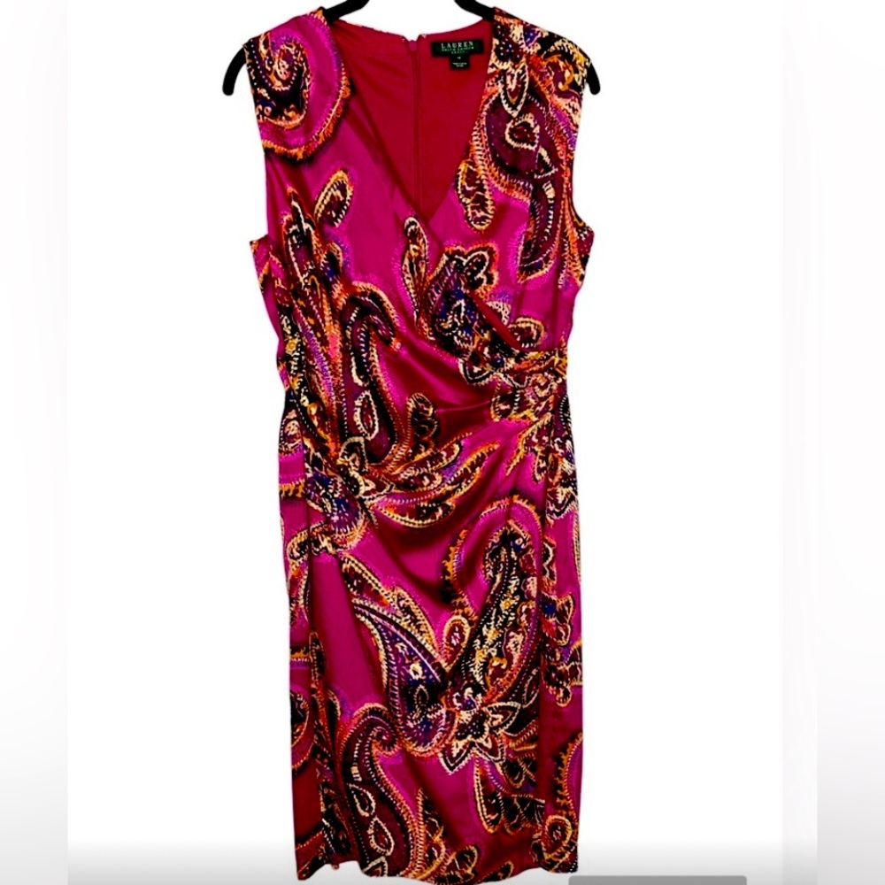 Ralph  Lauren Color Design Paisley Midi Dress ruched waisted Sz 10